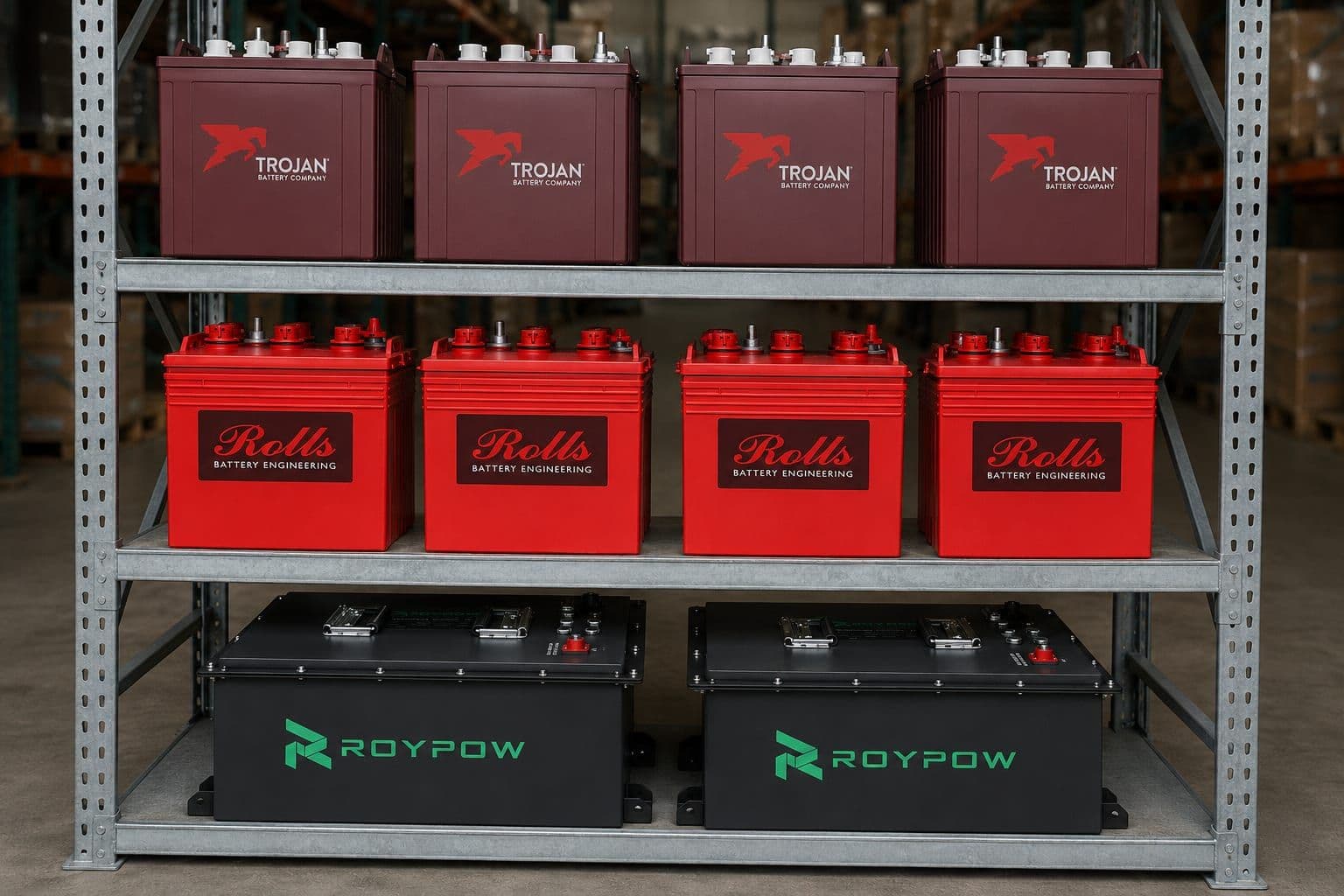 Anaquel con baterías Trojan, Rolls y RoyPow