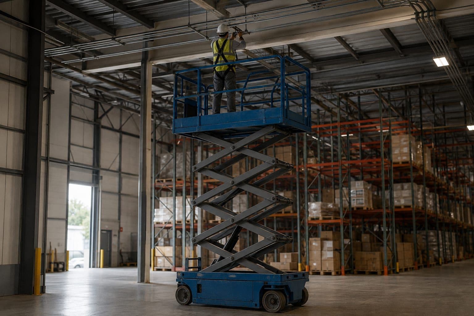 Plataforma de tijera elevada dentro de una nave industrial, con un operador trabajando en el techo